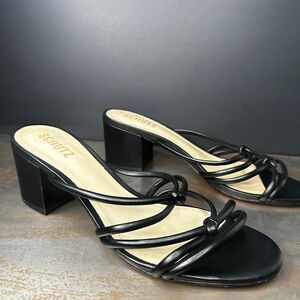 Schutz Mid Heel Slide Sandal 8.5 Block Heel Strappy Dressy Formal Black Princey
